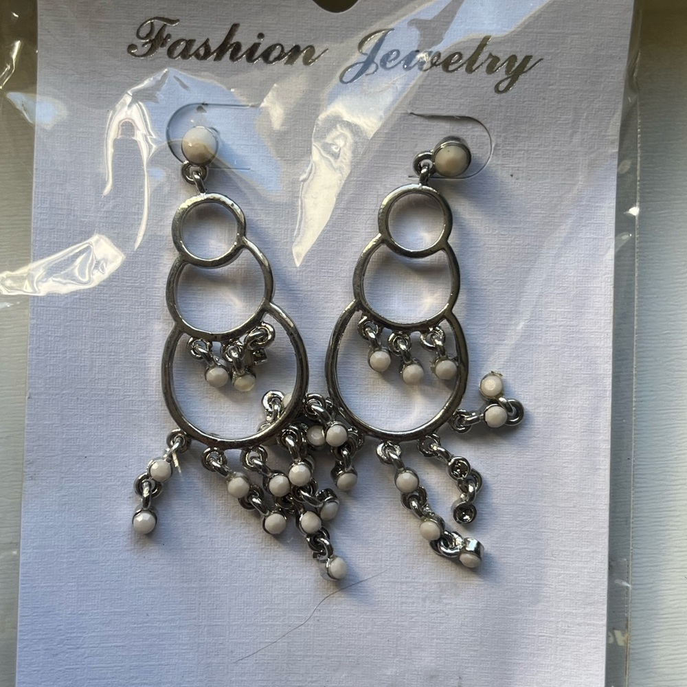 Silver and White Dangle Earrings